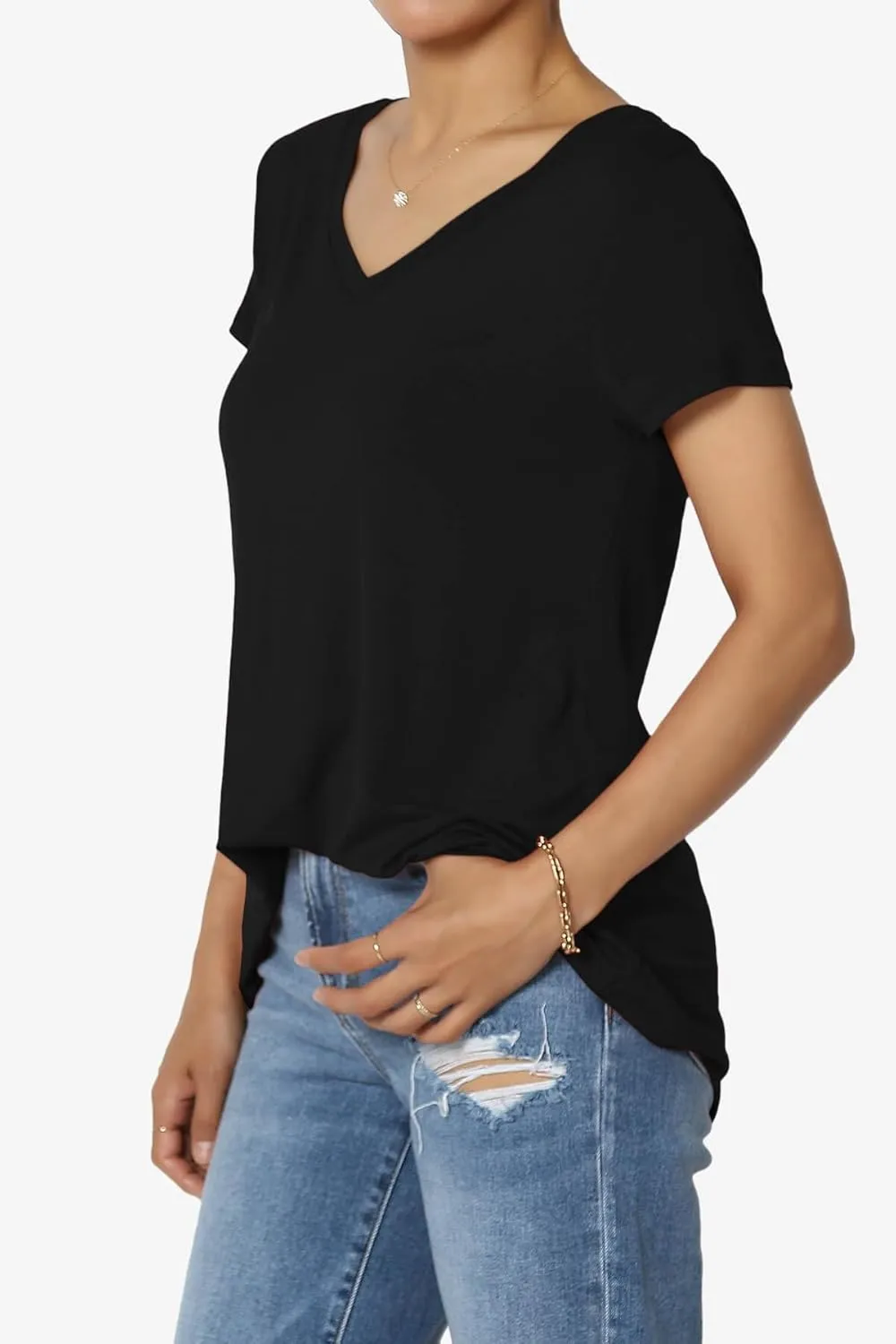 TheMogan Women's Casual V-Neck Short Sleeve T-Shirt Soft Drapey Jersey Relaxed Top Perfect Tee