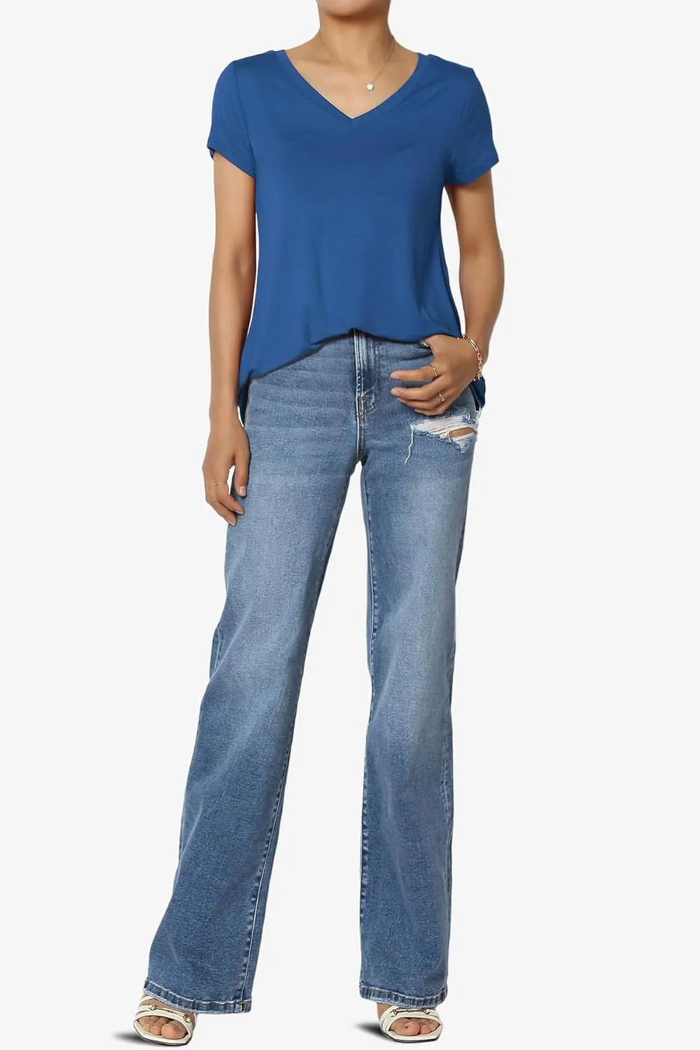 TheMogan Women's Casual V-Neck Short Sleeve T-Shirt Soft Drapey Jersey Relaxed Top Perfect Tee
