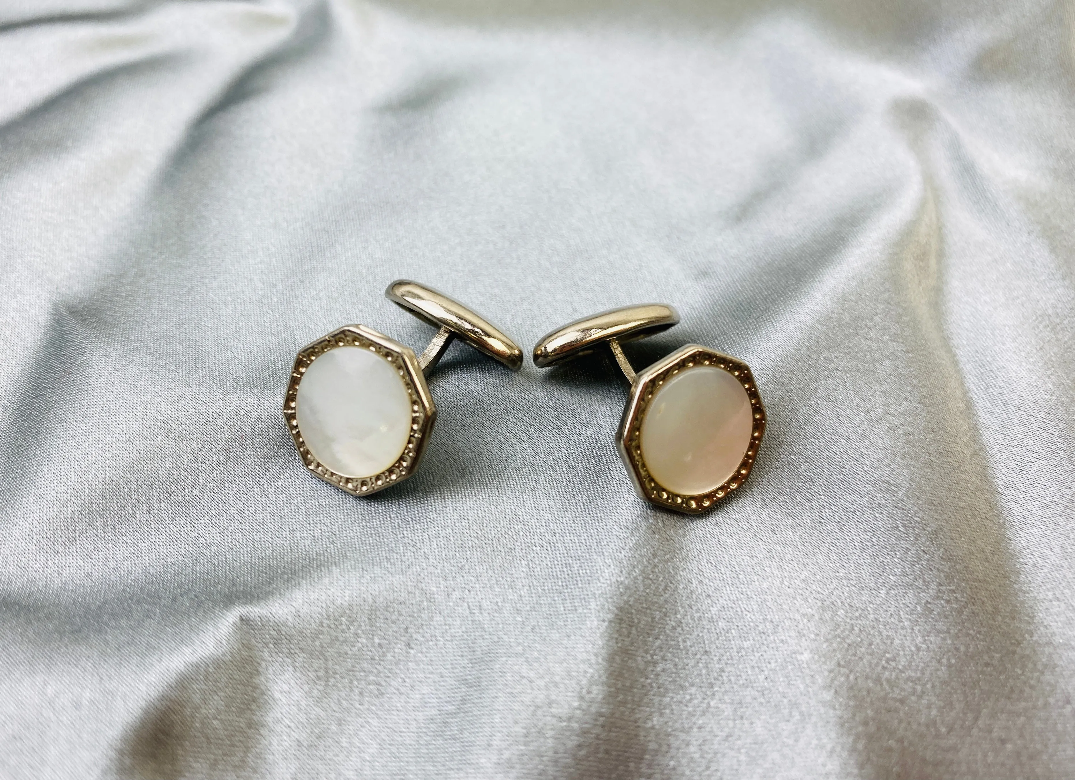 Vintage 1910s Men's Cufflinks, Octagonal Silver Bean-Back, Mother of Pearl