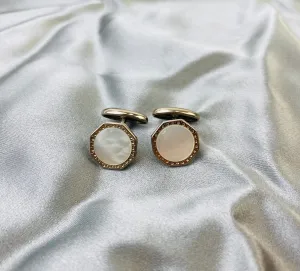 Vintage 1910s Men's Cufflinks, Octagonal Silver Bean-Back, Mother of Pearl