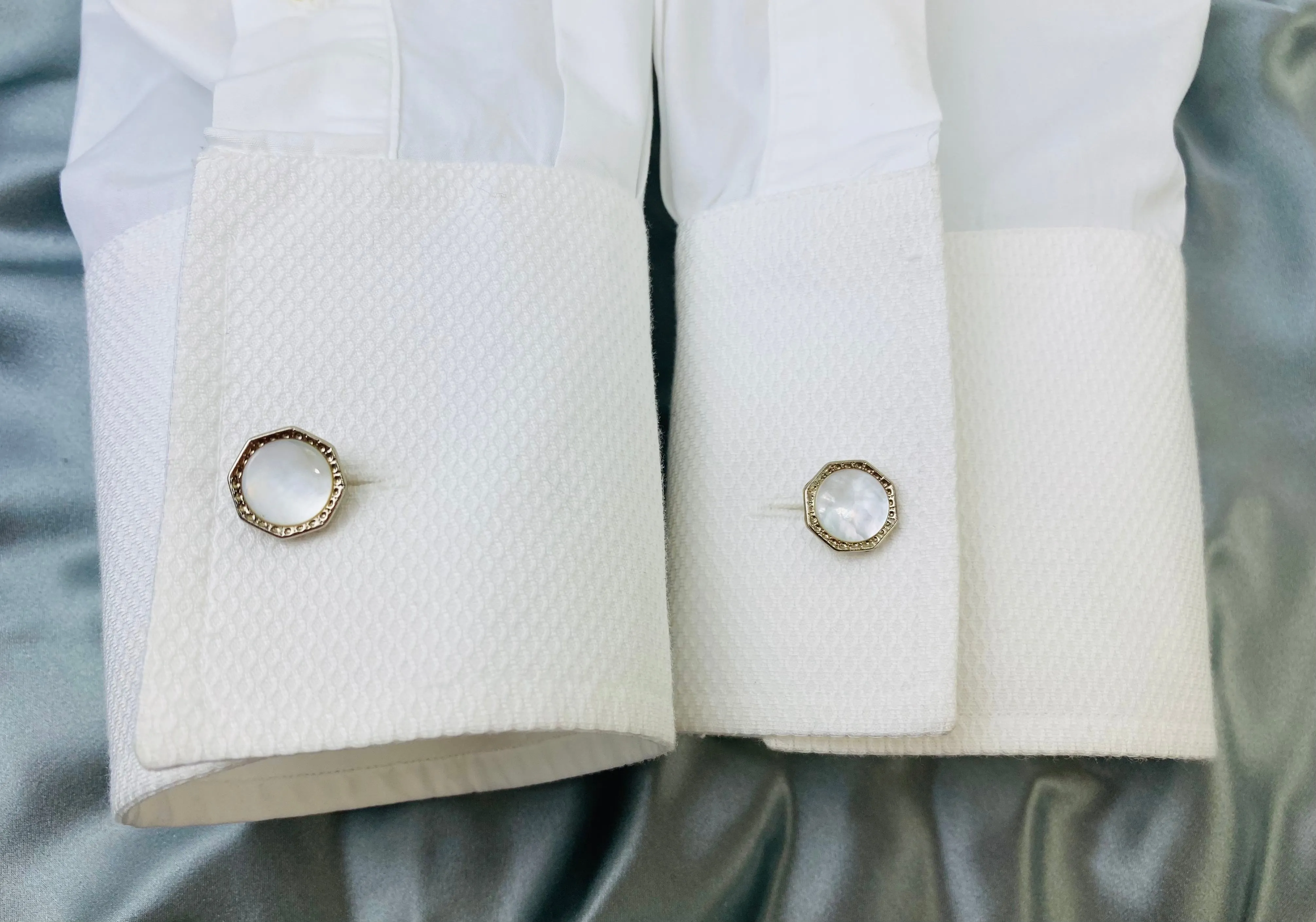 Vintage 1910s Men's Cufflinks, Octagonal Silver Bean-Back, Mother of Pearl