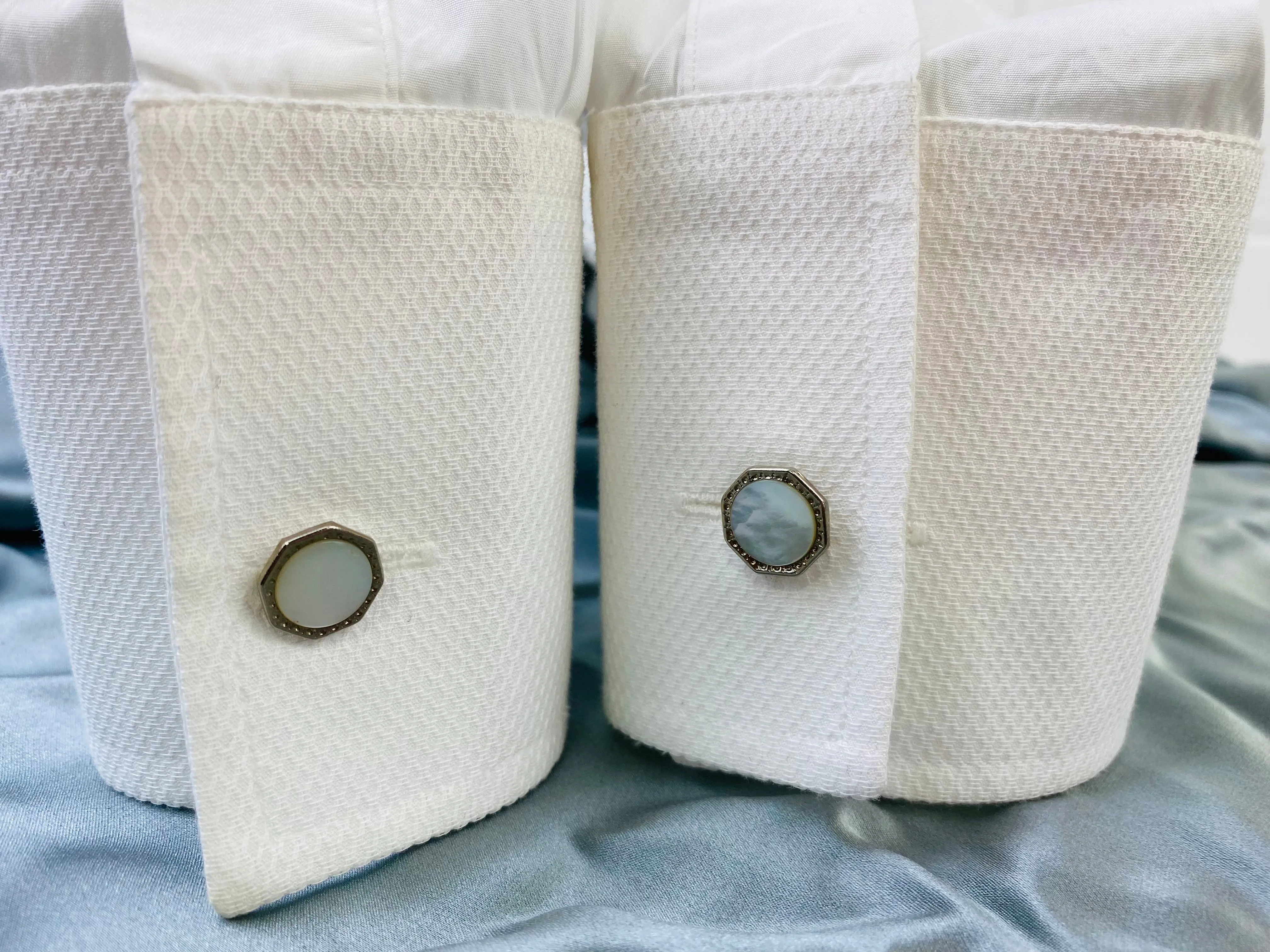 Vintage 1910s Men's Cufflinks, Octagonal Silver Bean-Back, Mother of Pearl