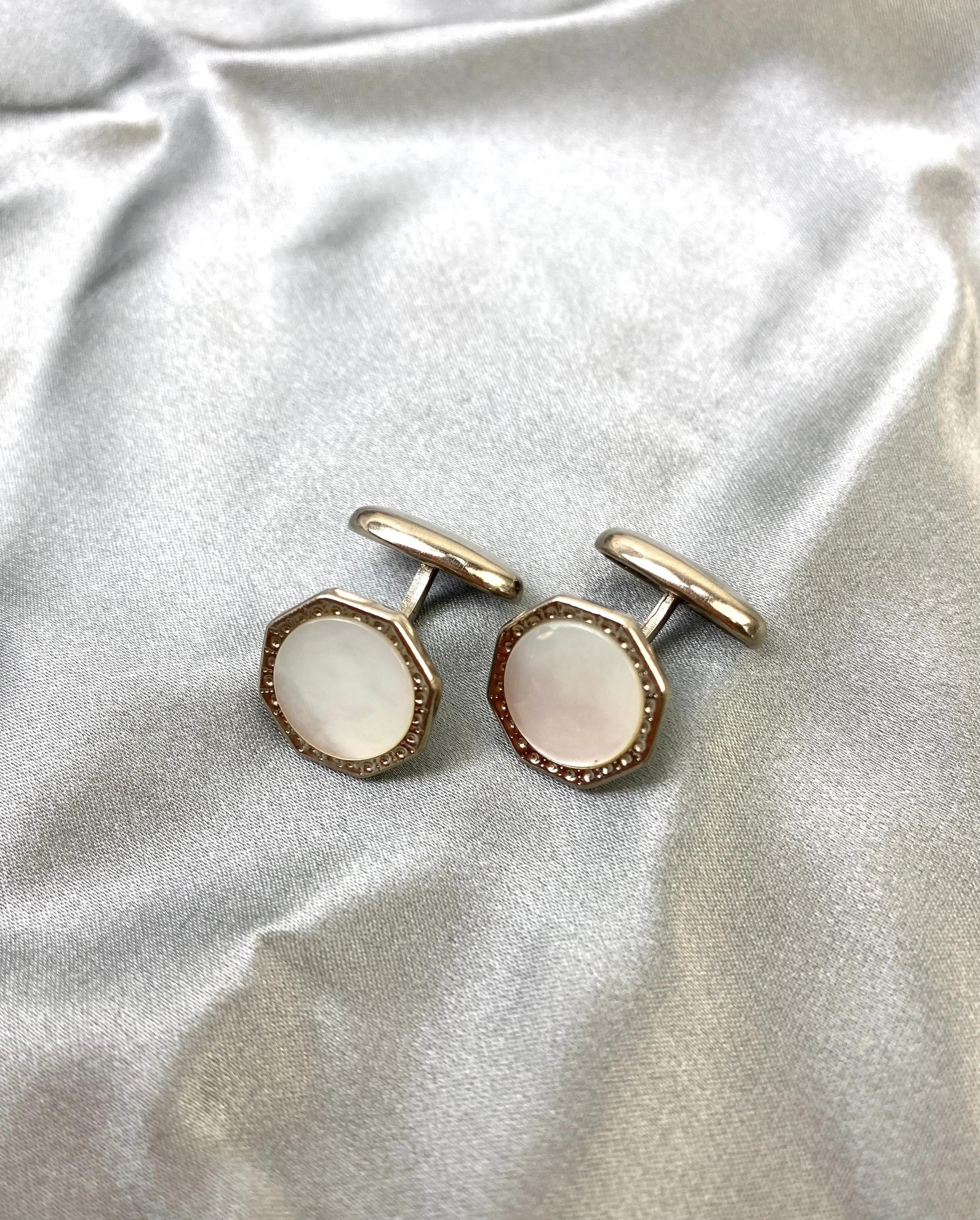 Vintage 1910s Men's Cufflinks, Octagonal Silver Bean-Back, Mother of Pearl