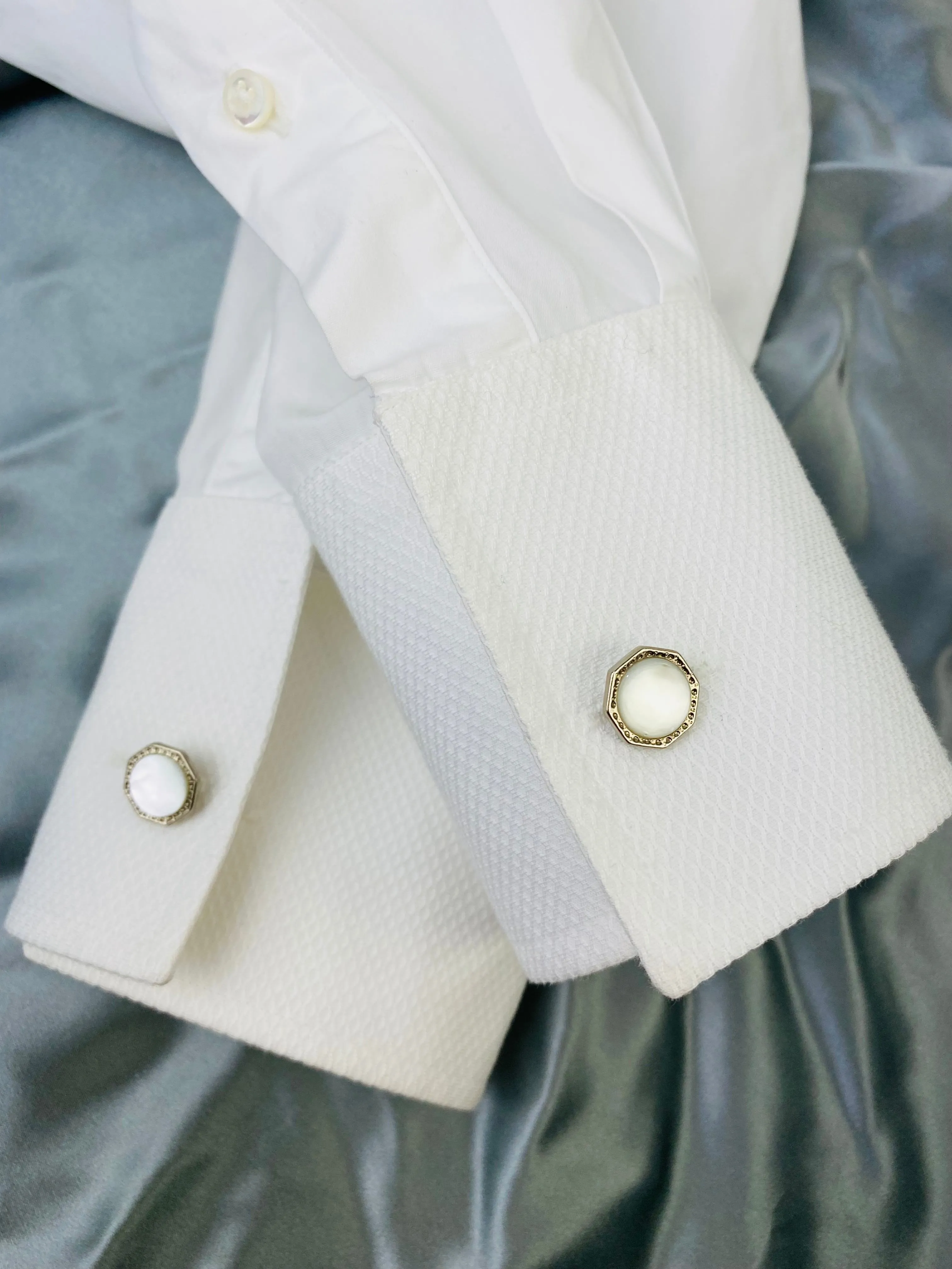 Vintage 1910s Men's Cufflinks, Octagonal Silver Bean-Back, Mother of Pearl