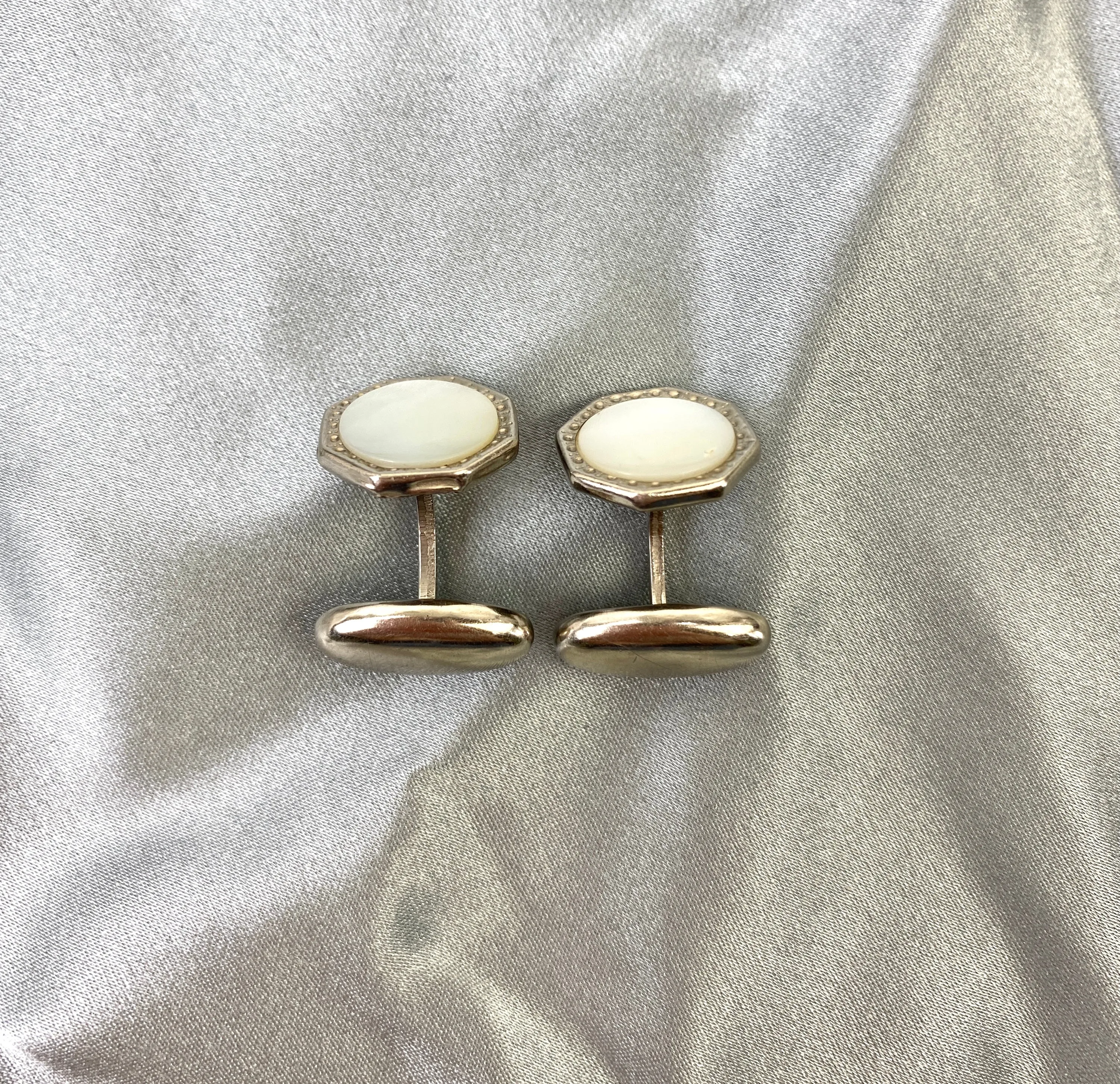 Vintage 1910s Men's Cufflinks, Octagonal Silver Bean-Back, Mother of Pearl