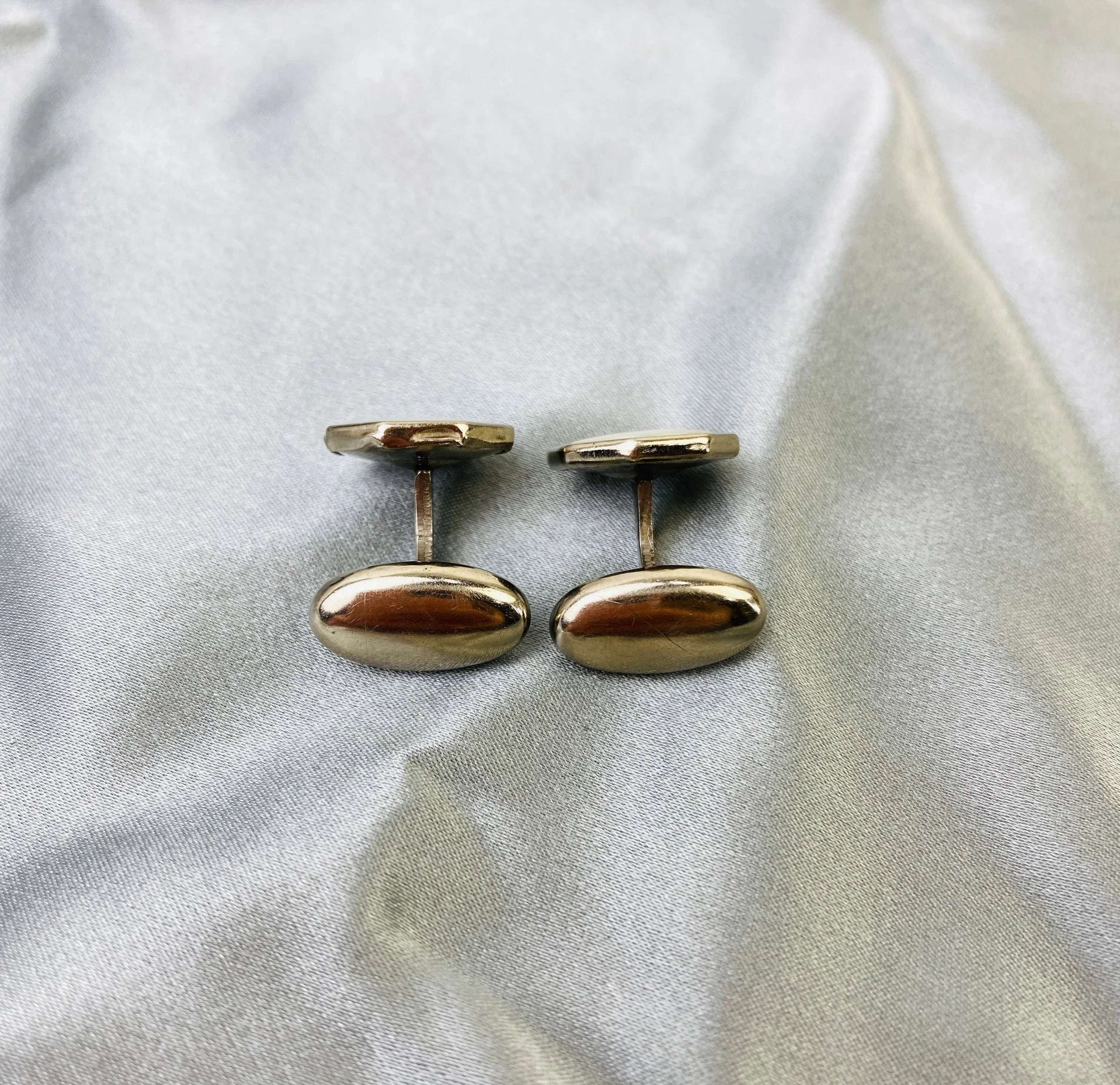 Vintage 1910s Men's Cufflinks, Octagonal Silver Bean-Back, Mother of Pearl