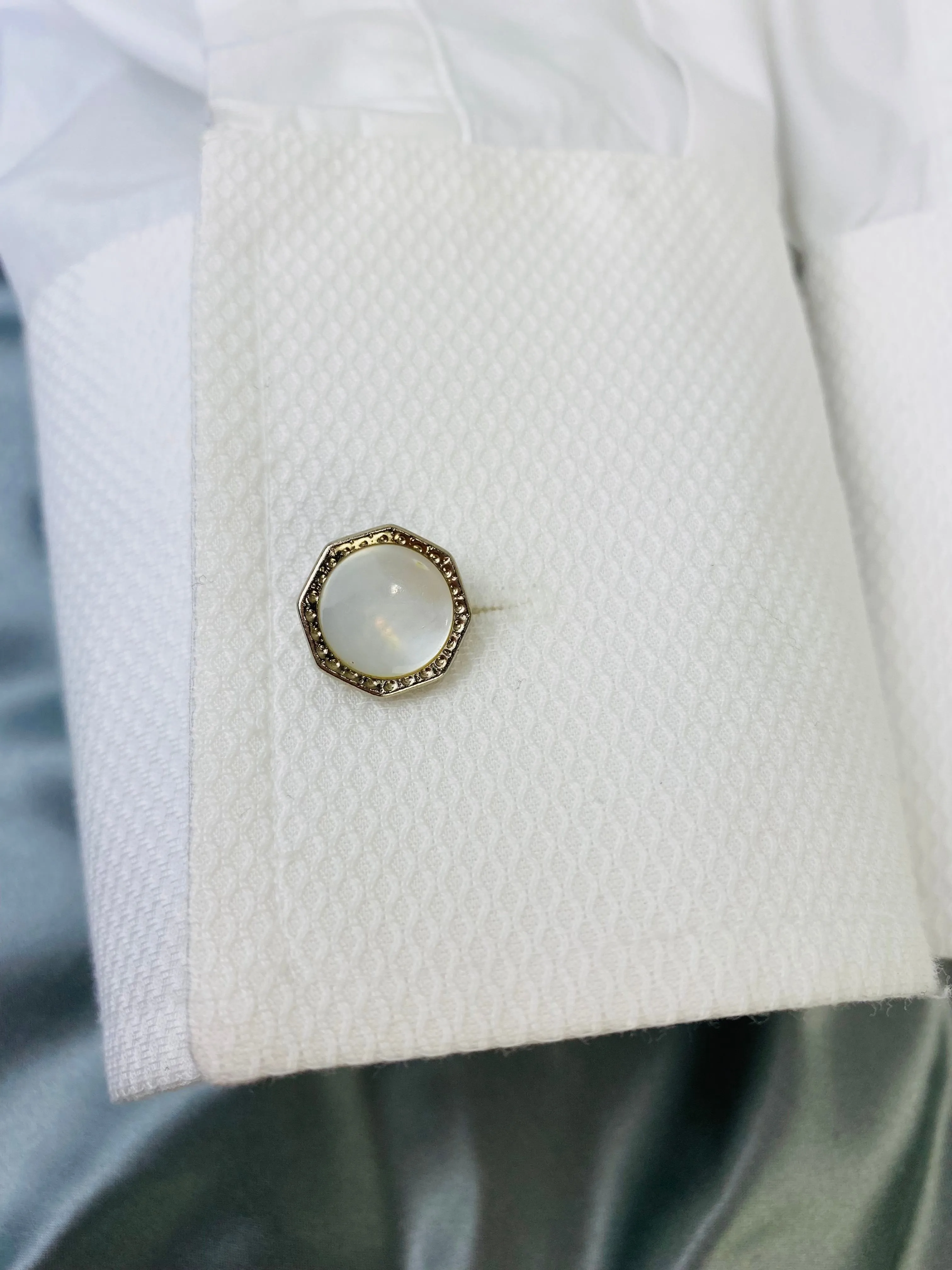 Vintage 1910s Men's Cufflinks, Octagonal Silver Bean-Back, Mother of Pearl