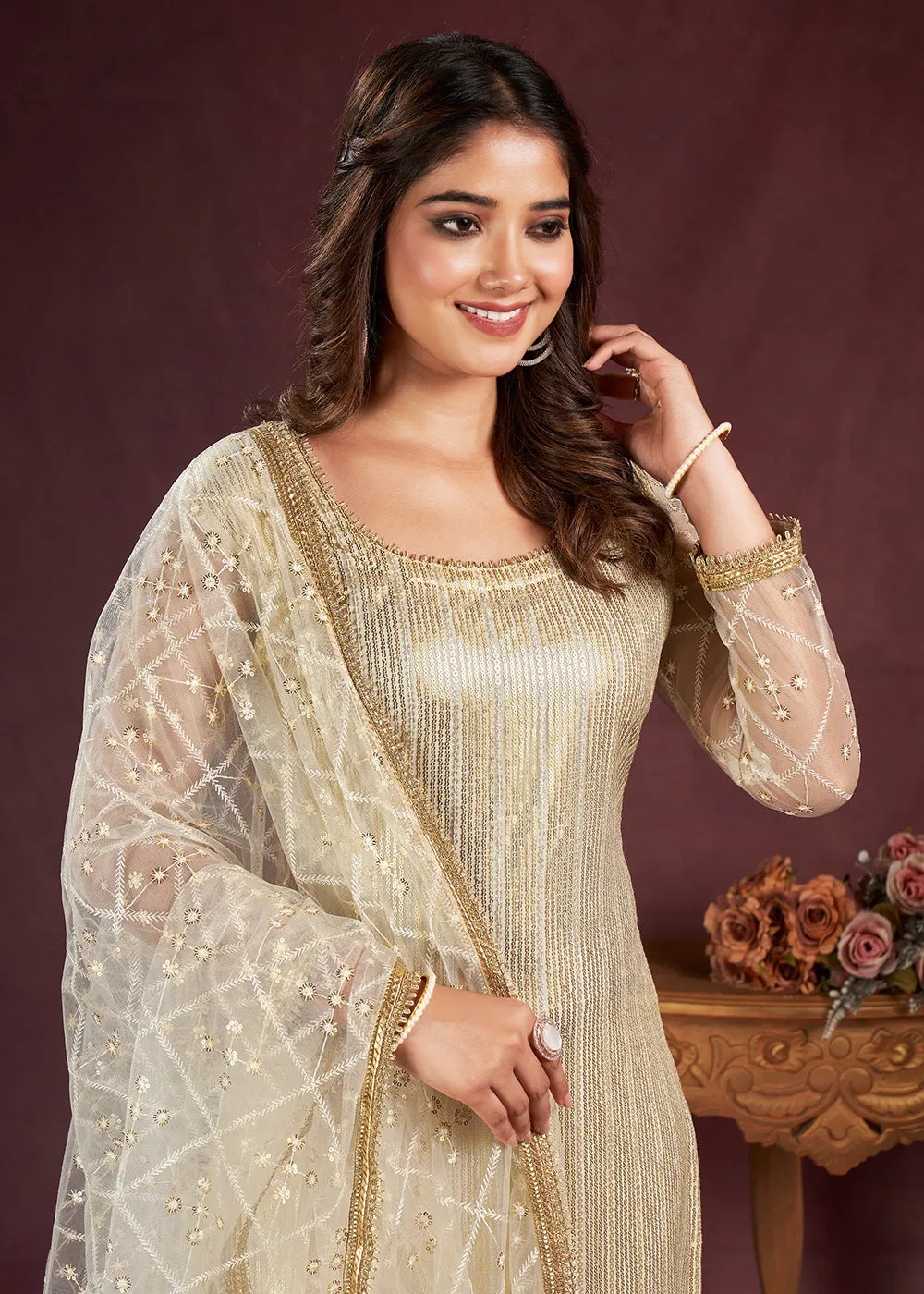 White Butterfly Net Embroidered Festive Salwar Suit