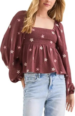 Women Floral Embroidered Blouses Long Balloon Sleeve Smocked Square Neck Vintage Casual Fall Tops