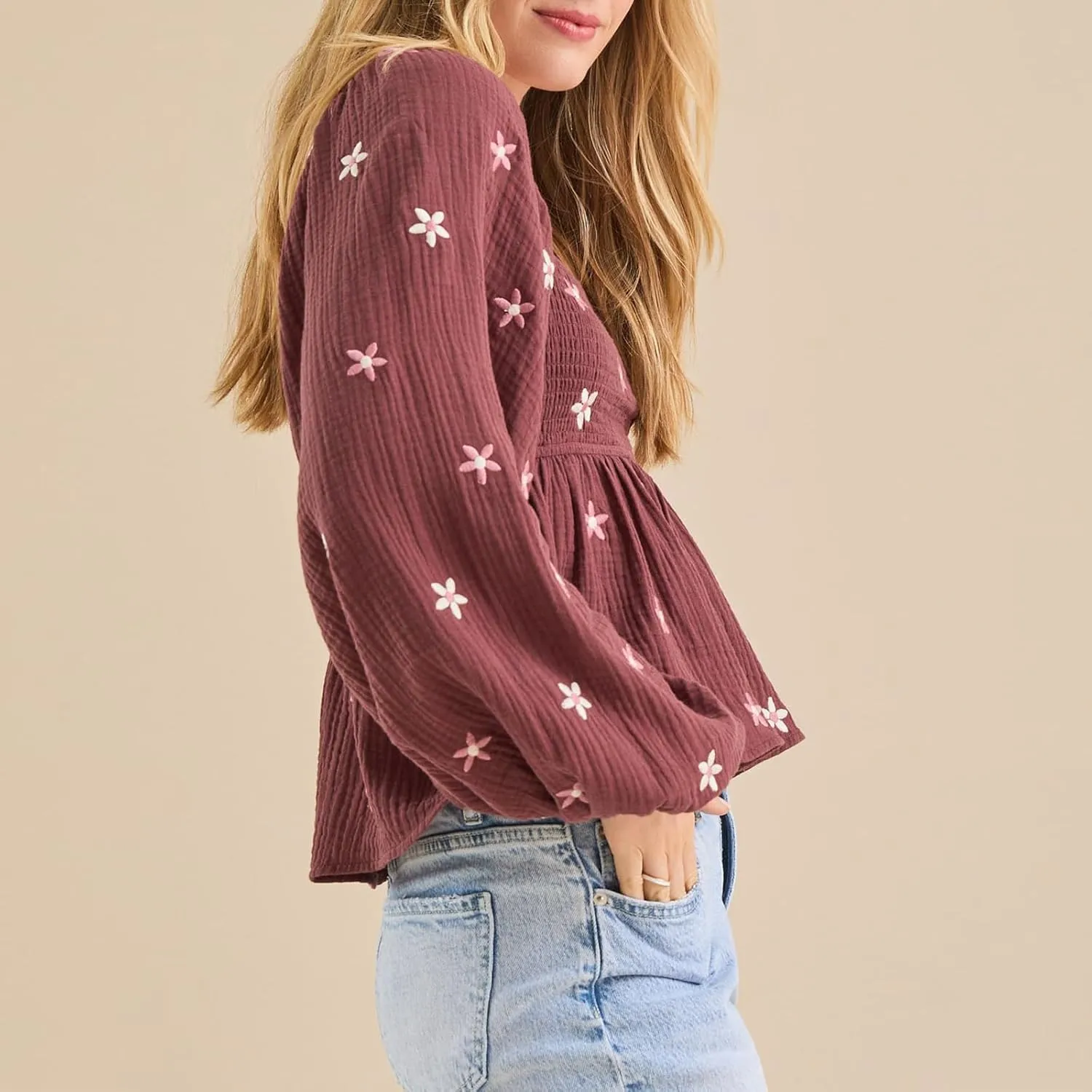 Women Floral Embroidered Blouses Long Balloon Sleeve Smocked Square Neck Vintage Casual Fall Tops
