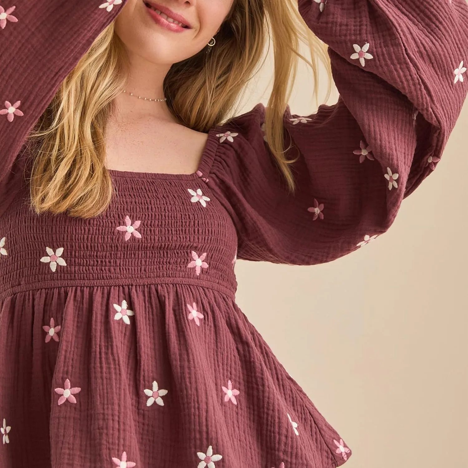 Women Floral Embroidered Blouses Long Balloon Sleeve Smocked Square Neck Vintage Casual Fall Tops