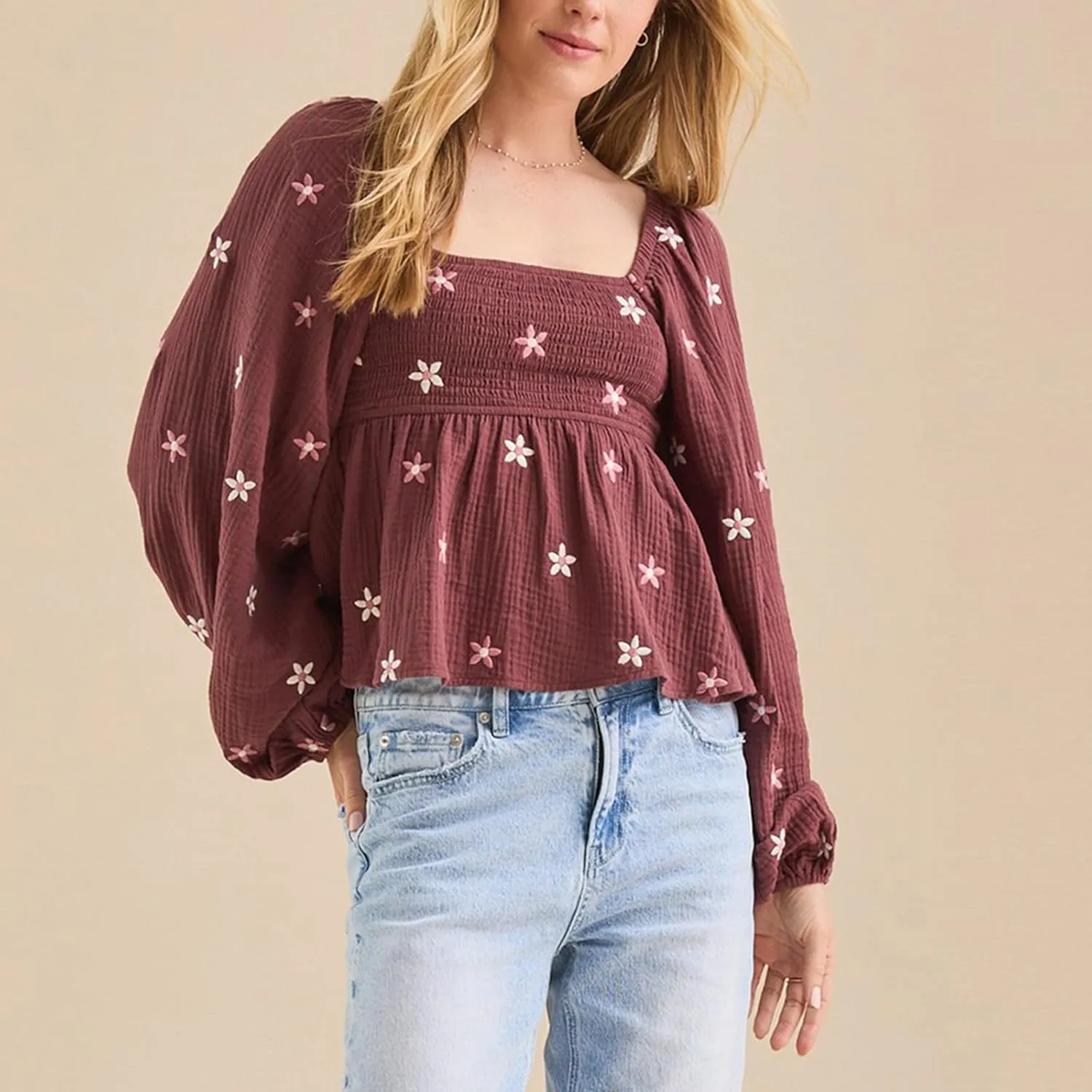 Women Floral Embroidered Blouses Long Balloon Sleeve Smocked Square Neck Vintage Casual Fall Tops