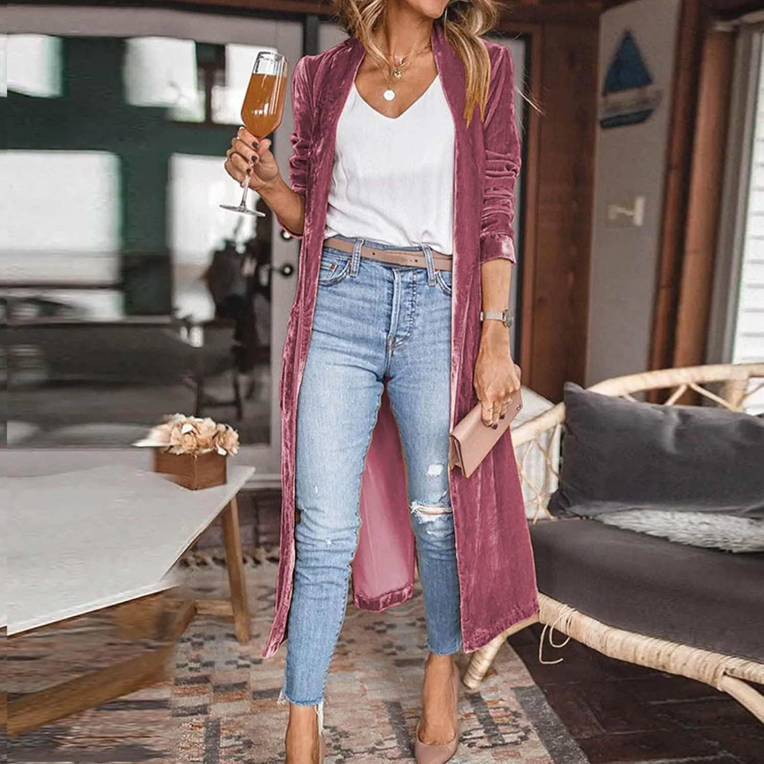 Women's Long Velvet Cardigan Jacket Casul Lapel Open Front Cardigan Fall Winter Long Sleeve Solid Maxi Blazer Duster
