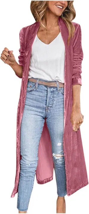 Women's Long Velvet Cardigan Jacket Casul Lapel Open Front Cardigan Fall Winter Long Sleeve Solid Maxi Blazer Duster