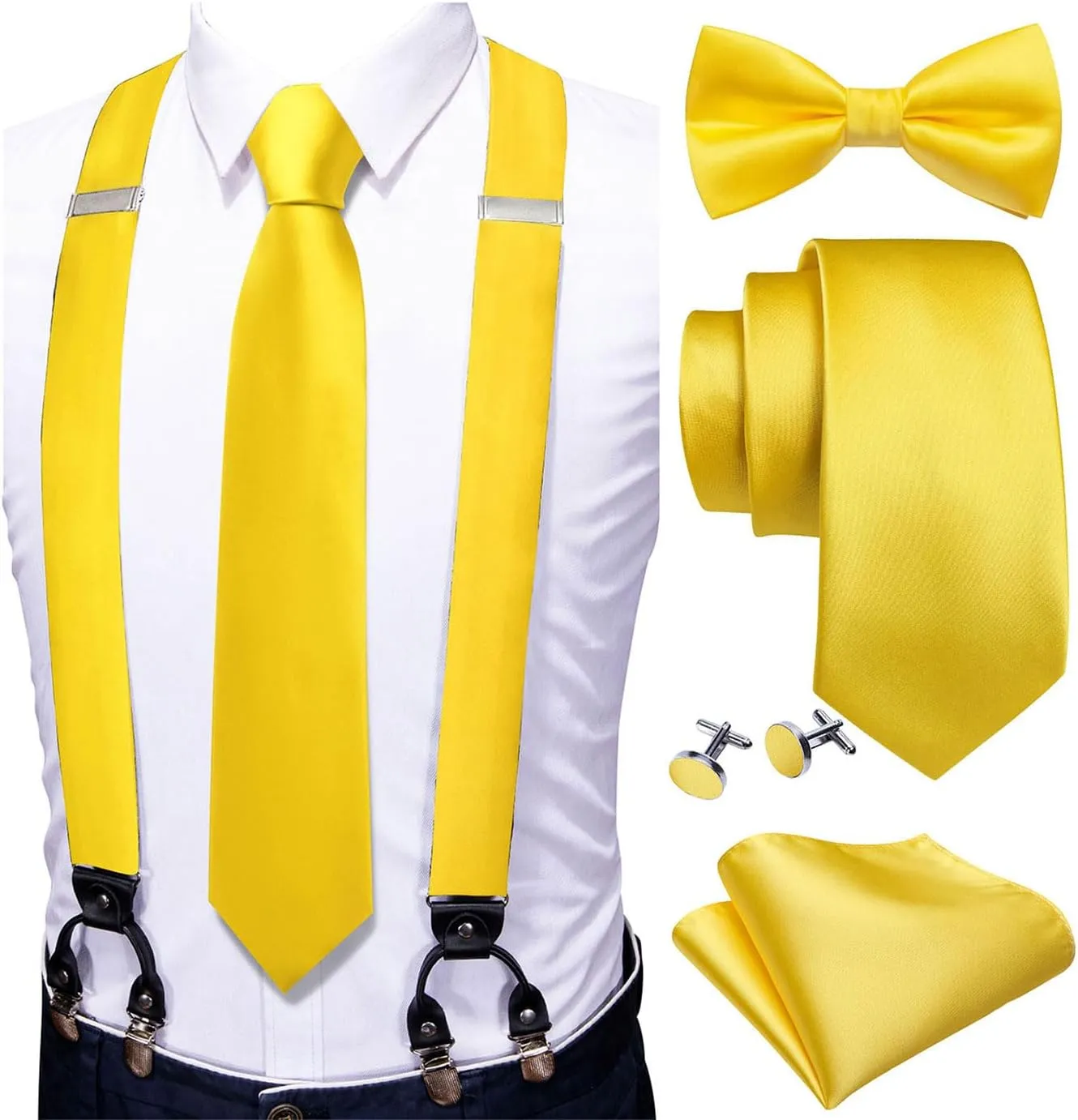 YOHOWA Solid Bow Ties for Men Cotton Linen Pre-tied Bow Tie Set with Handkerchief Cufflinks Big and Tall Party Wedding Prom