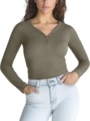 Zengjo Long Sleeve Ribbed Shirt Women Henley V-Neck T-Shirt Stretchy Tight Fitted Layering Tops